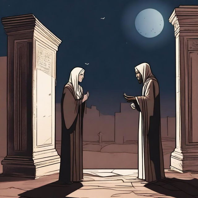 A realistic image of a young, thin, tall brown man shouting at his hijab-wearing wife, who has white skin, at night in the middle of the tombs