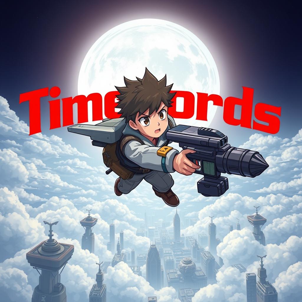 A young anime boy with a jetpack and laser rifle flying over a cloud city