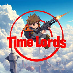 A young anime boy with a jetpack and laser rifle flying over a cloud city