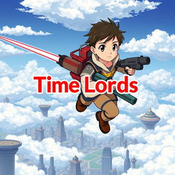 A young anime boy with a jetpack and laser rifle flying over a cloud city