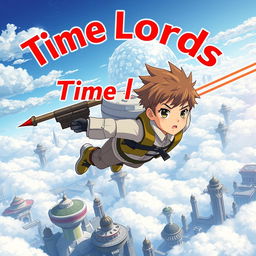 A young anime boy with a jetpack and laser rifle flying over a cloud city