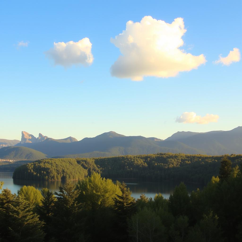 A beautiful landscape featuring a serene lake surrounded by lush green trees and mountains in the background