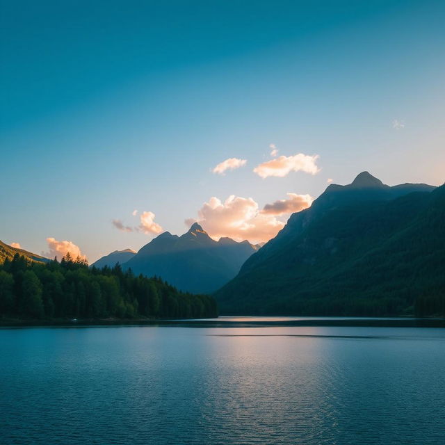 A beautiful landscape featuring a serene lake surrounded by lush green trees and mountains in the background