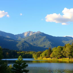 A beautiful landscape featuring a serene lake surrounded by lush green trees and mountains in the background