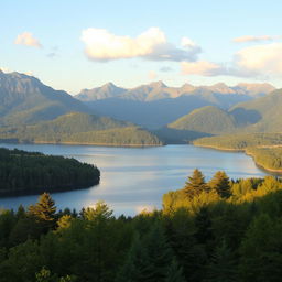 A beautiful landscape featuring a serene lake surrounded by lush green trees and mountains in the background