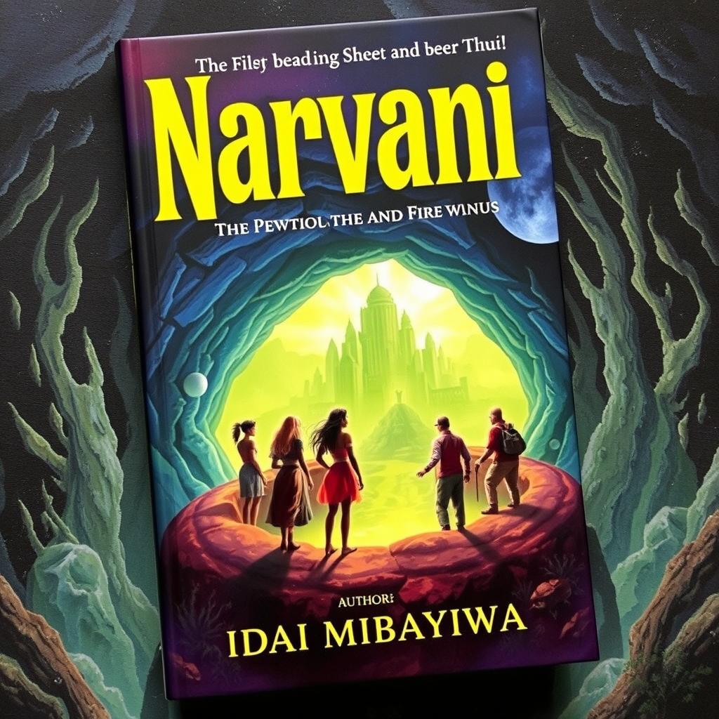 A book cover titled 'Narvania' featuring four women and five men entering a pothole that leads to a green city