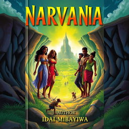 A book cover titled 'Narvania' featuring four women and five men entering a pothole that leads to a green city