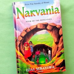 A book cover titled 'Narvania' featuring four women and five men entering a pothole that leads to a green city