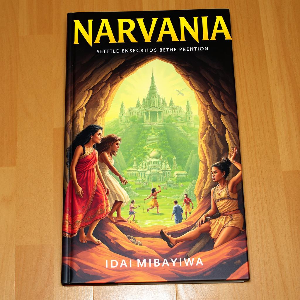 A book cover titled 'Narvania' featuring four women and five men entering a pothole that leads to a green city