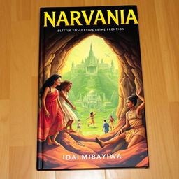 A book cover titled 'Narvania' featuring four women and five men entering a pothole that leads to a green city