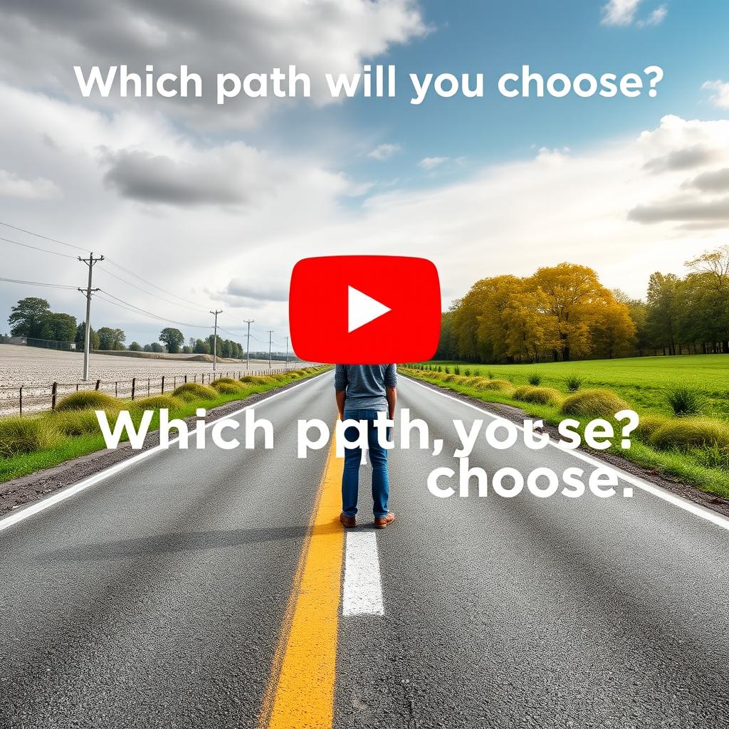 Create a YouTube thumbnail depicting a person standing in front of a fork in the road