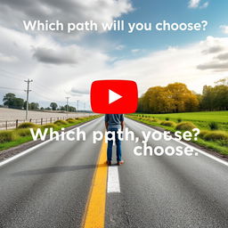 Create a YouTube thumbnail depicting a person standing in front of a fork in the road