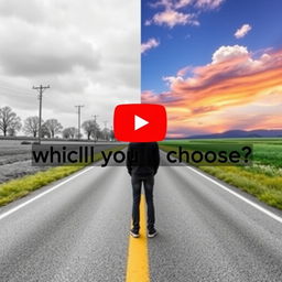 Create a YouTube thumbnail depicting a person standing in front of a fork in the road