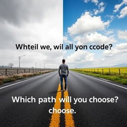 Create a YouTube thumbnail depicting a person standing in front of a fork in the road