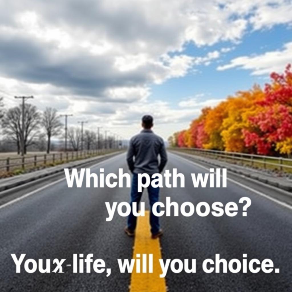 Create a YouTube thumbnail depicting a person standing in front of a fork in the road