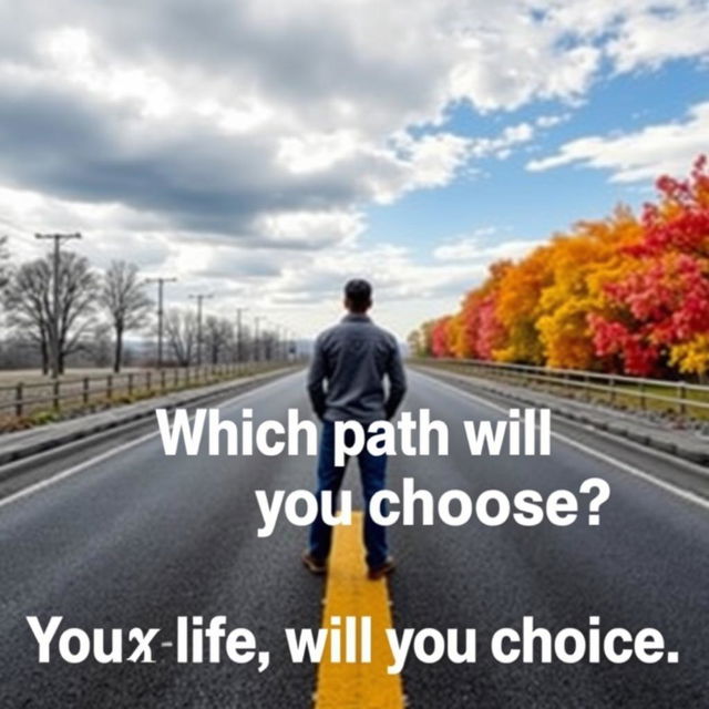 Create a YouTube thumbnail depicting a person standing in front of a fork in the road