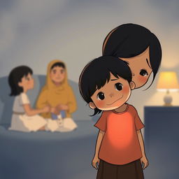 An illustration depicting Alya, a cheerful girl who feels overshadowed by her younger sibling, Bintang