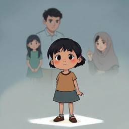 An illustration depicting Alya, a cheerful girl who feels overshadowed by her younger sibling, Bintang