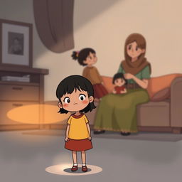 An illustration depicting Alya, a cheerful girl who feels overshadowed by her younger sibling, Bintang