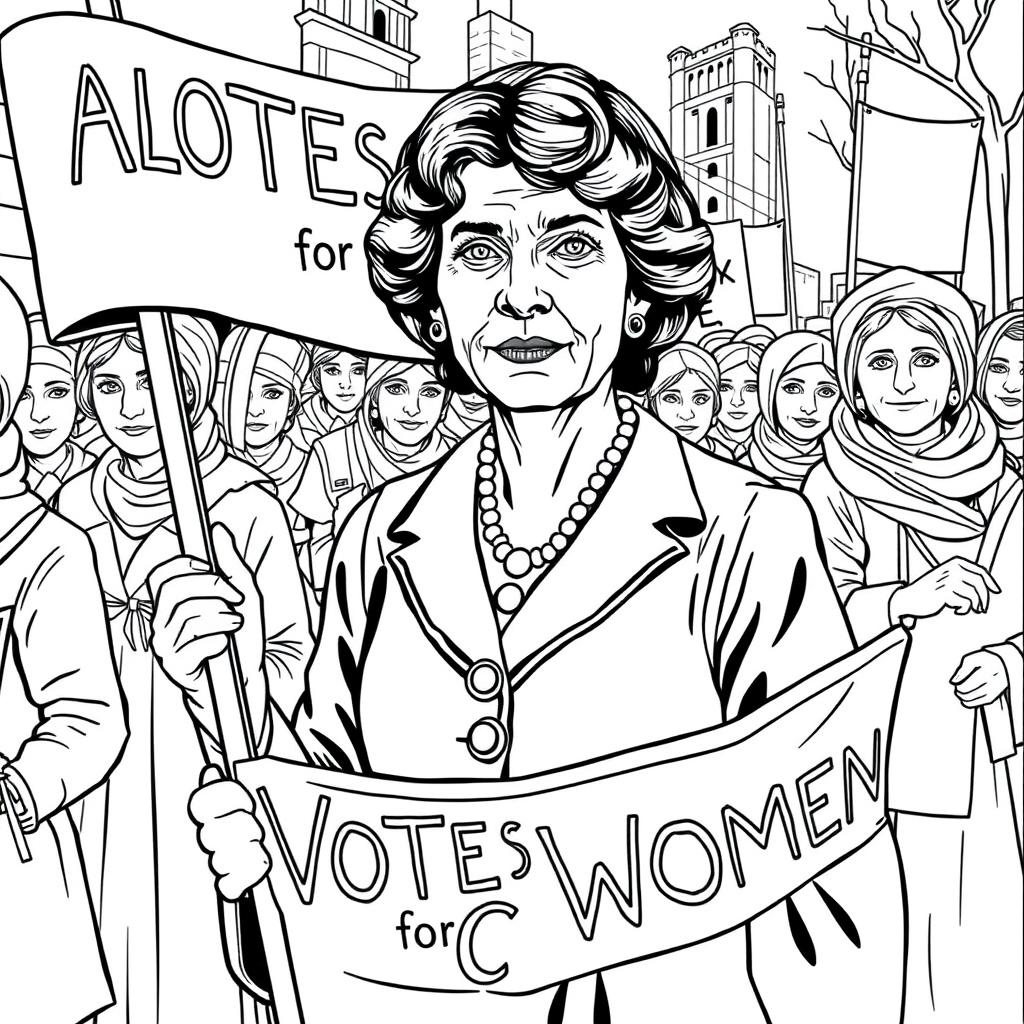 Create a detailed black and white coloring book page featuring Alice Paul (1885-1977)