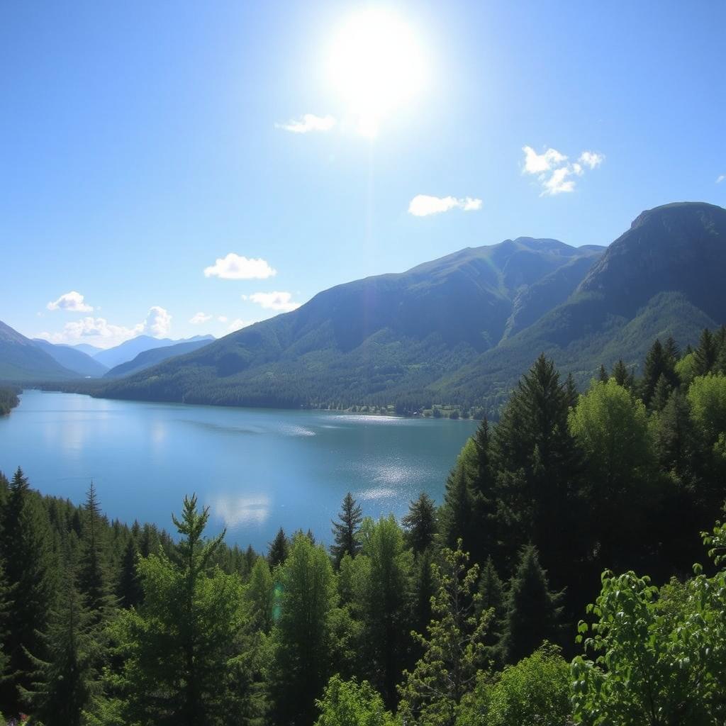 A beautiful landscape featuring a serene lake surrounded by lush green trees and mountains in the background under a clear blue sky