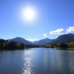 A beautiful landscape featuring a serene lake surrounded by lush green trees and mountains in the background under a clear blue sky