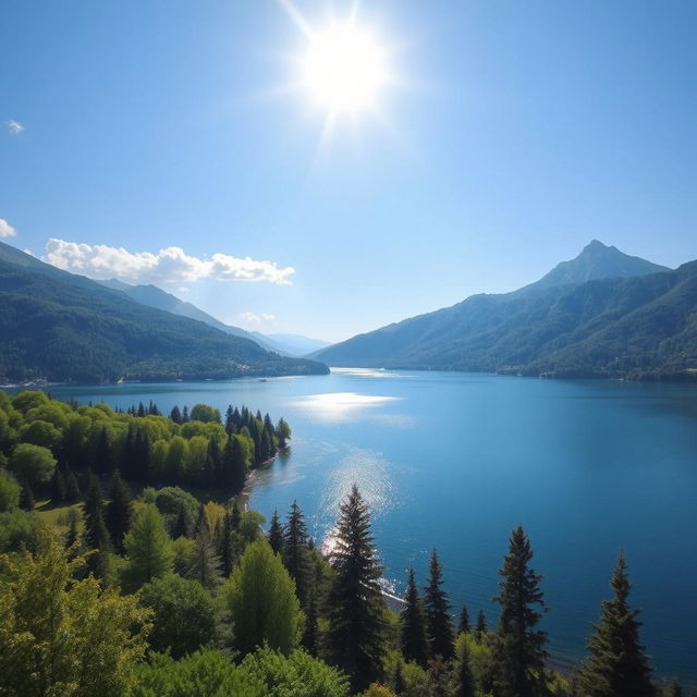 A beautiful landscape featuring a serene lake surrounded by lush green trees and mountains in the background under a clear blue sky