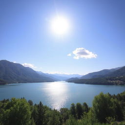 A beautiful landscape featuring a serene lake surrounded by lush green trees and mountains in the background under a clear blue sky