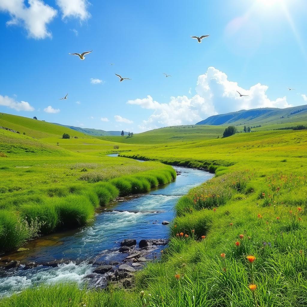 A serene landscape with a clear blue sky, lush green meadows, and a sparkling river flowing through