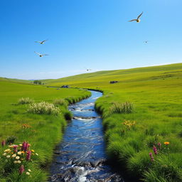 A serene landscape with a clear blue sky, lush green meadows, and a sparkling river flowing through