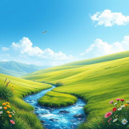 A serene landscape with a clear blue sky, lush green meadows, and a sparkling river flowing through