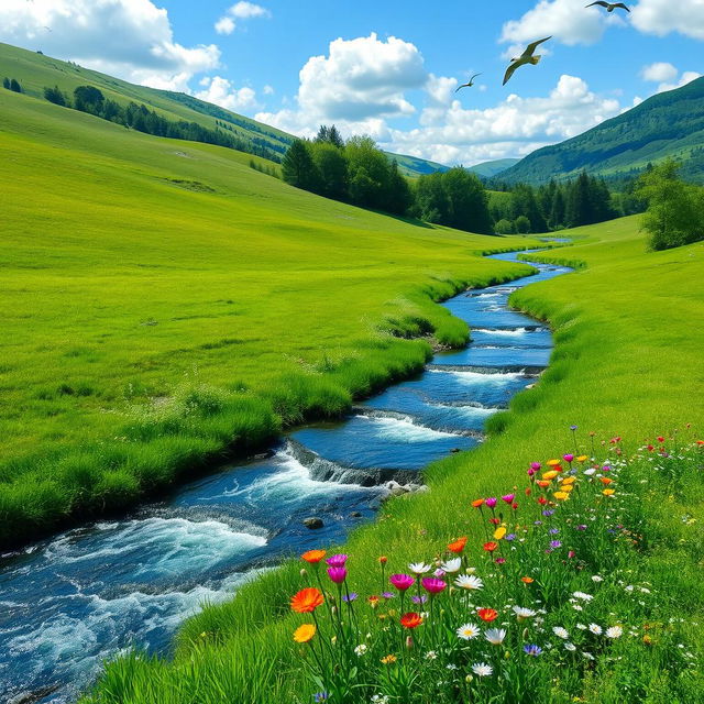 A serene landscape with a clear blue sky, lush green meadows, and a sparkling river flowing through