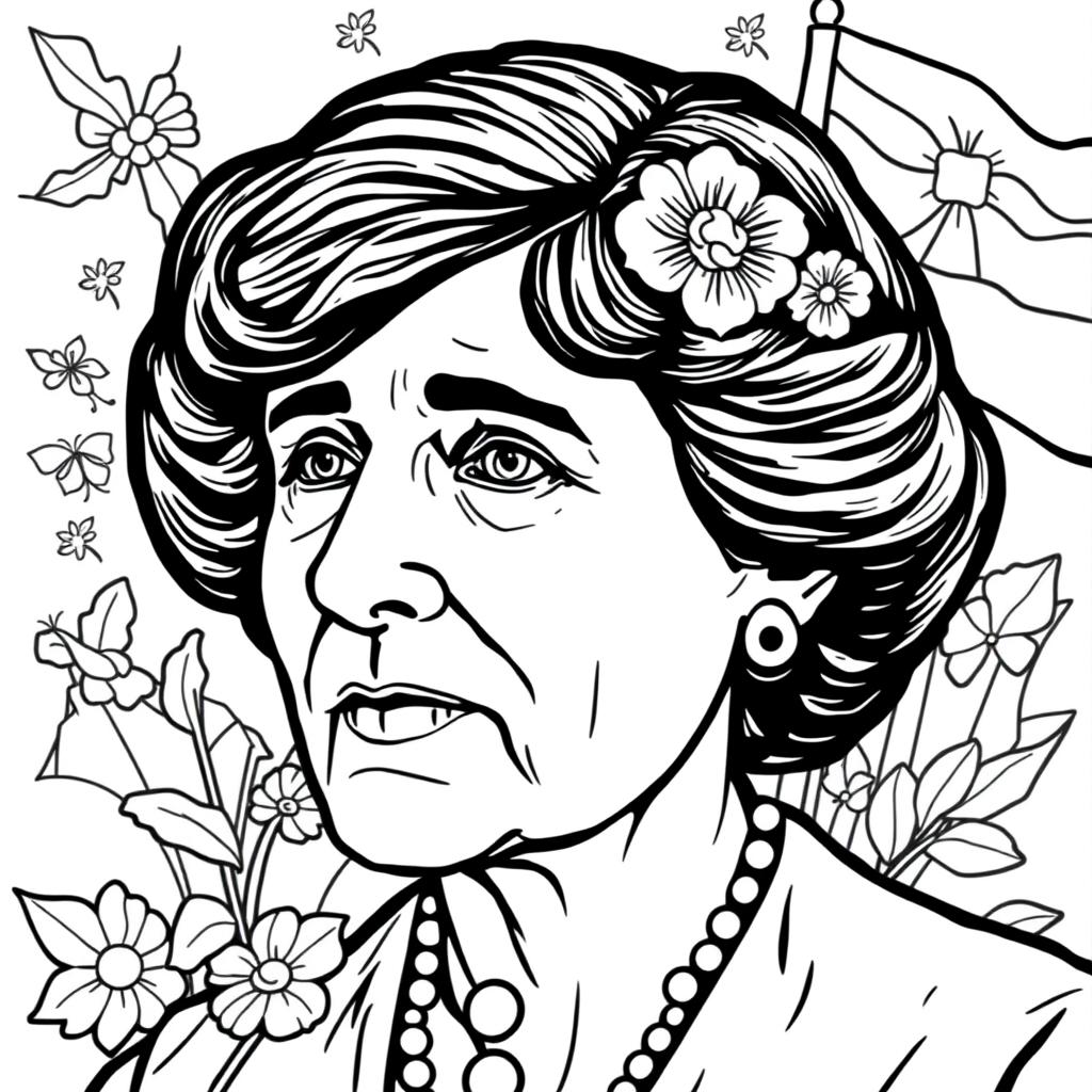 Create a coloring book page image featuring Alice Paul (1885-1977)