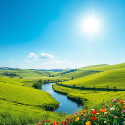 A serene landscape featuring a clear blue sky, lush green fields, and a gentle river flowing through the scene