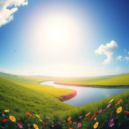 A serene landscape featuring a clear blue sky, lush green fields, and a gentle river flowing through the scene