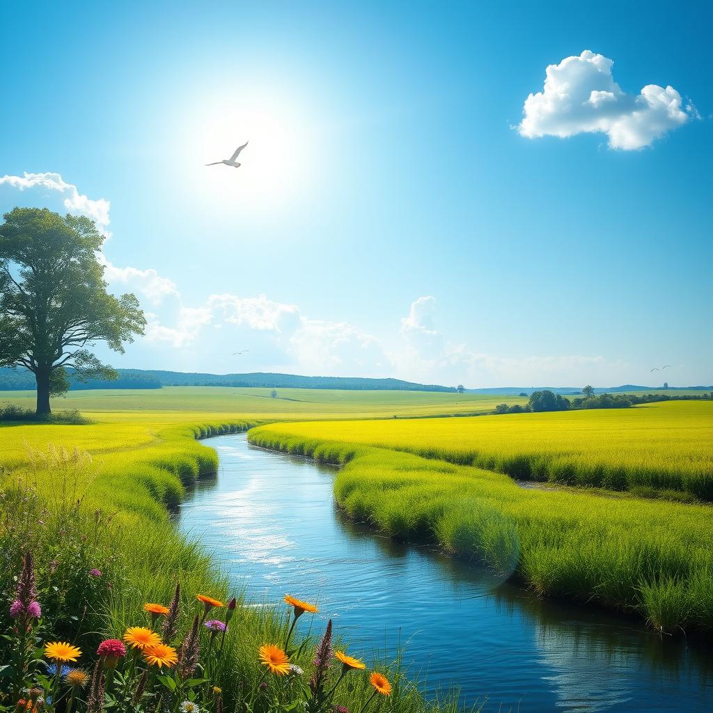 A serene landscape featuring a clear blue sky, lush green fields, and a gentle river flowing through the scene