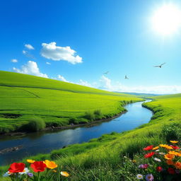 A serene landscape featuring a clear blue sky, lush green fields, and a gentle river flowing through the scene