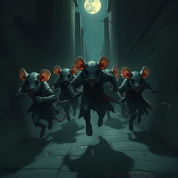 A group of rat assassins, dressed in stealthy attire, are running for their lives through a dark, narrow alley