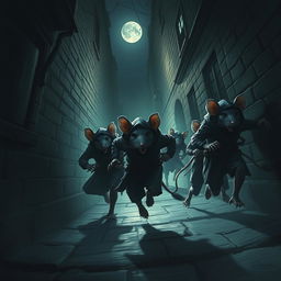 A group of rat assassins, dressed in stealthy attire, are running for their lives through a dark, narrow alley