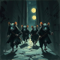 A group of rat assassins, dressed in stealthy attire, are running for their lives through a dark, narrow alley