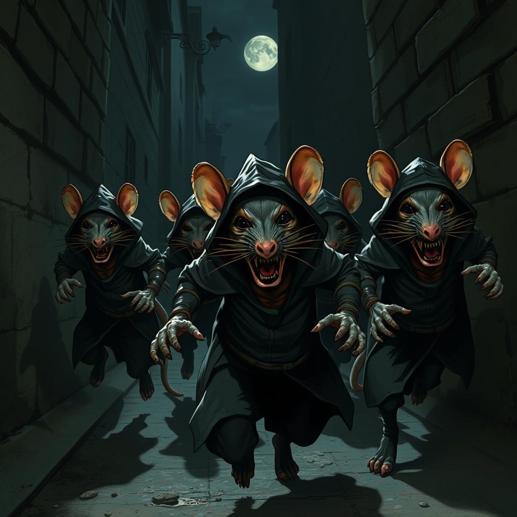 A group of fearful rat assassins, dressed in stealthy attire, are running away through a dark, narrow alley