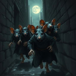 A group of fearful rat assassins, dressed in stealthy attire, are running away through a dark, narrow alley