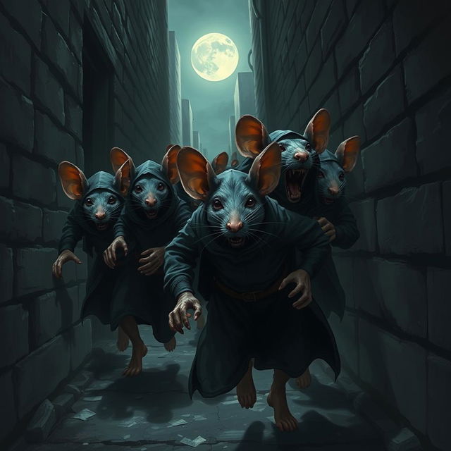 A group of fearful rat assassins, dressed in stealthy attire, are running away through a dark, narrow alley