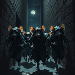 A group of fearful rat assassins, dressed in stealthy attire, are running away through a dark, narrow alley