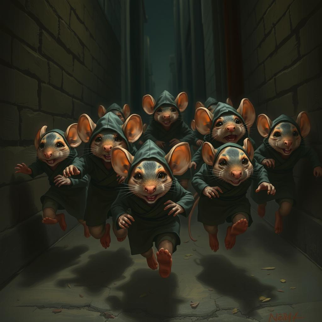 A group of rat assassins, dressed in tiny ninja outfits, running for their lives through a dark alley