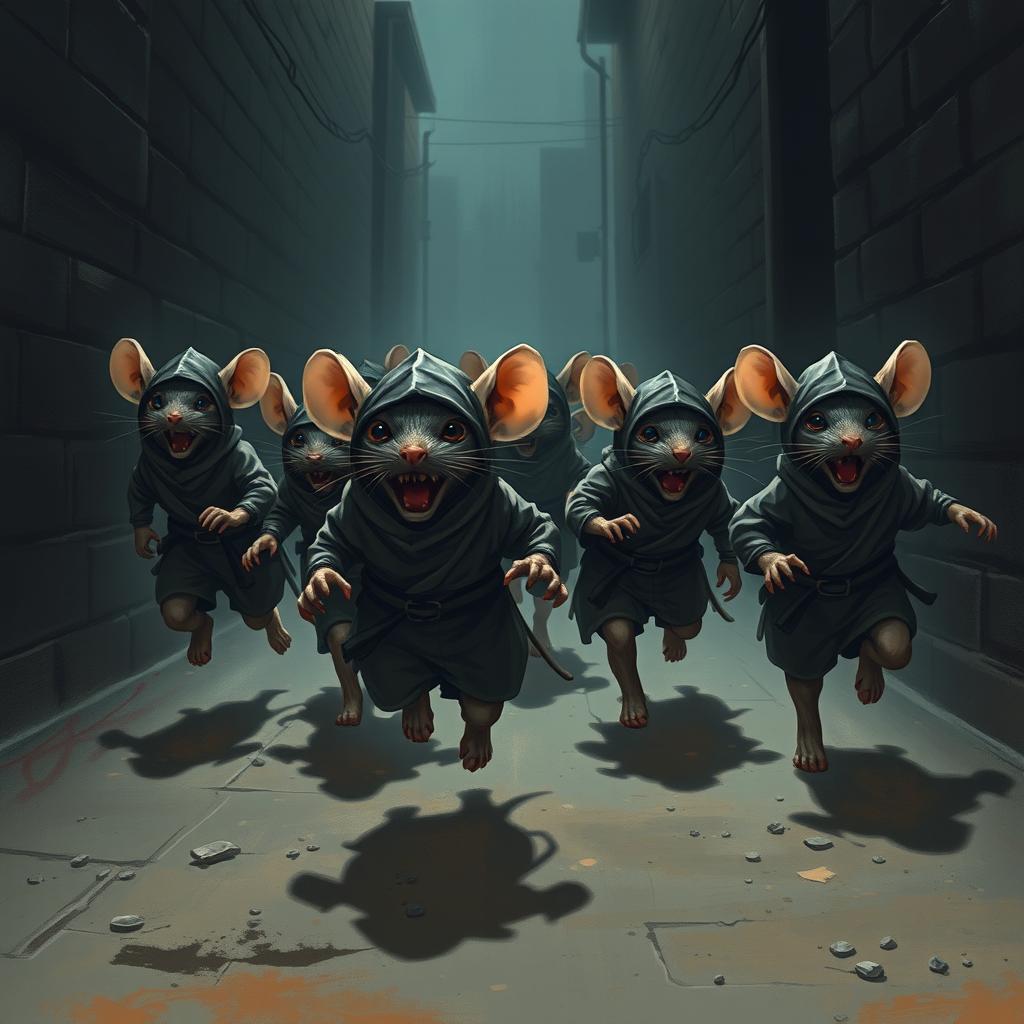 A group of rat assassins, dressed in tiny ninja outfits, running for their lives through a dark alley