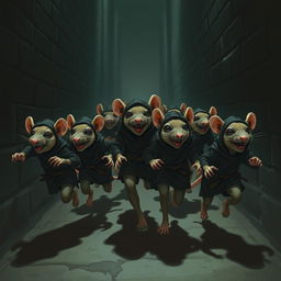 A group of rat assassins, dressed in tiny ninja outfits, running for their lives through a dark alley