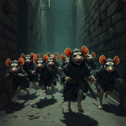 A group of rat assassins, dressed in tiny ninja outfits, running for their lives through a dark alley