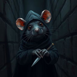 A rat assassin, dressed in dark, stealthy clothing, hiding in the shadows of a dimly lit alley