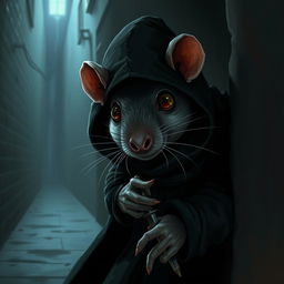 A rat assassin, dressed in dark, stealthy clothing, hiding in the shadows of a dimly lit alley